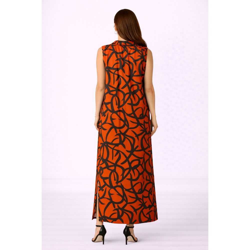 Orange Abstract Print Midi Shirt Dress Sleeveless Button